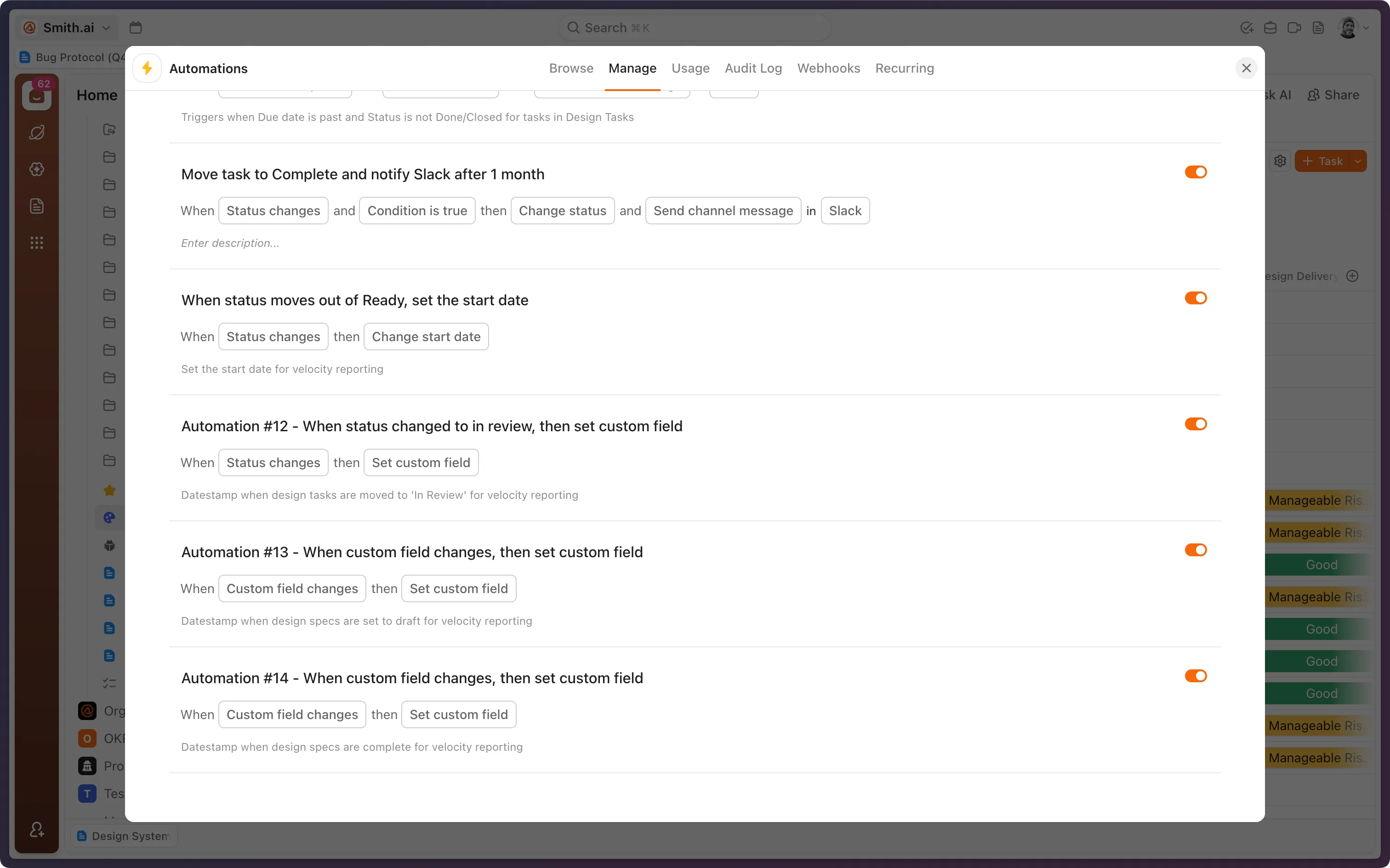 ClickUp's Automations panel on the Manage tab, listing rules that set a start date when a task leaves Ready and datestamp custom fields when design specs move to in review, draft, and complete