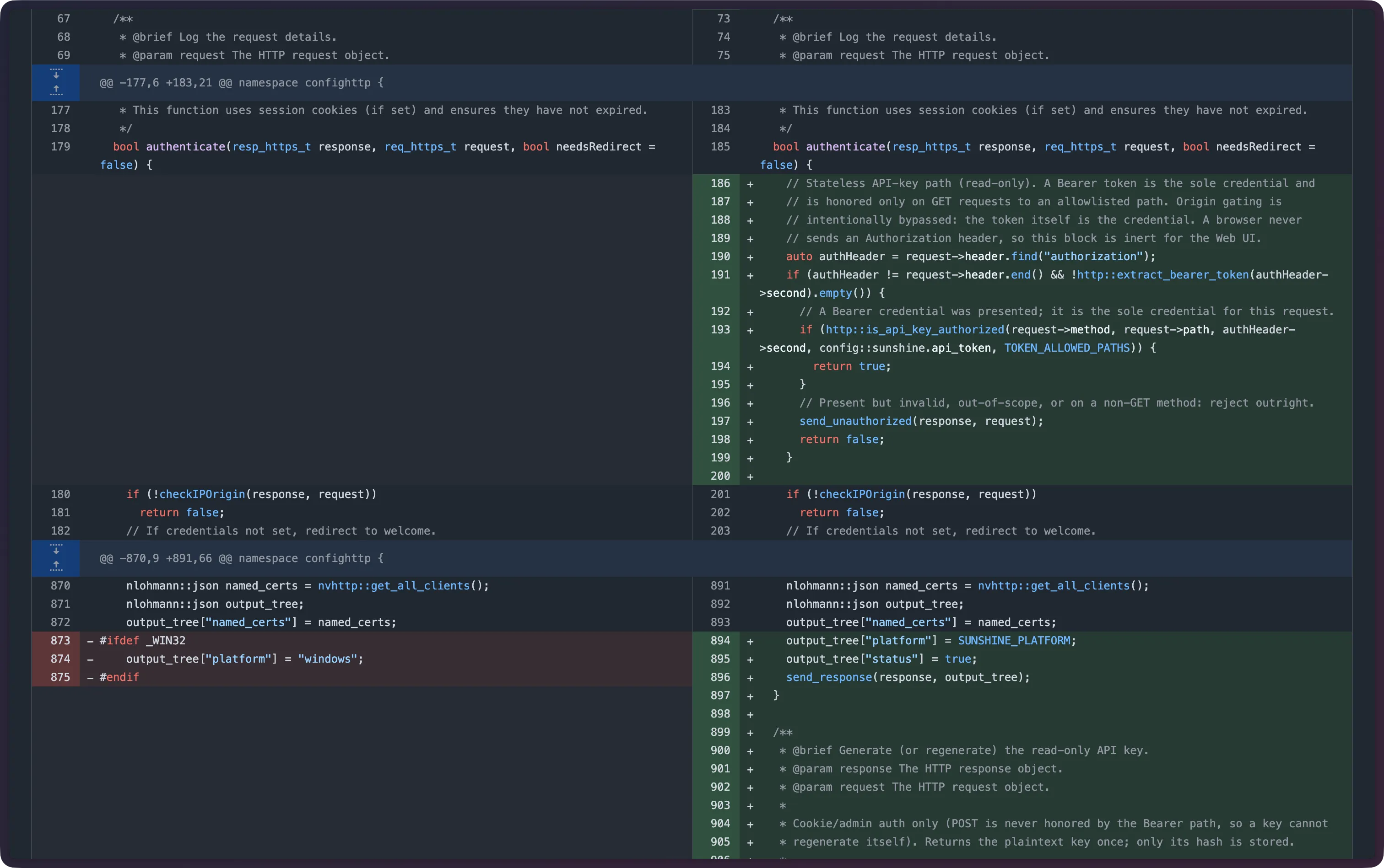 Side-by-side code diff of Apollo's authenticate function, the new API-key path highlighted in green