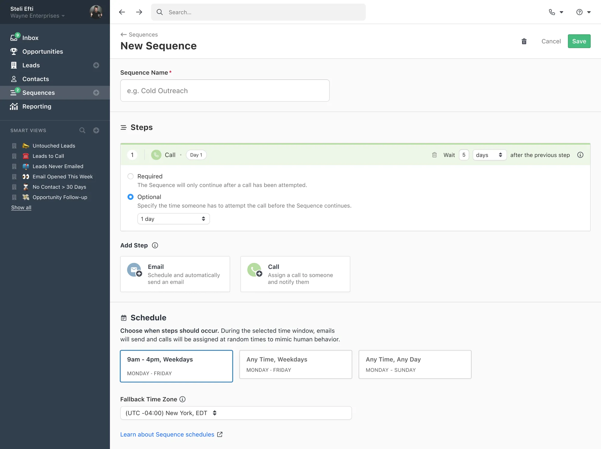 Close CRM Sequences builder — a multi-step outreach sequence with call and email steps and scheduling options