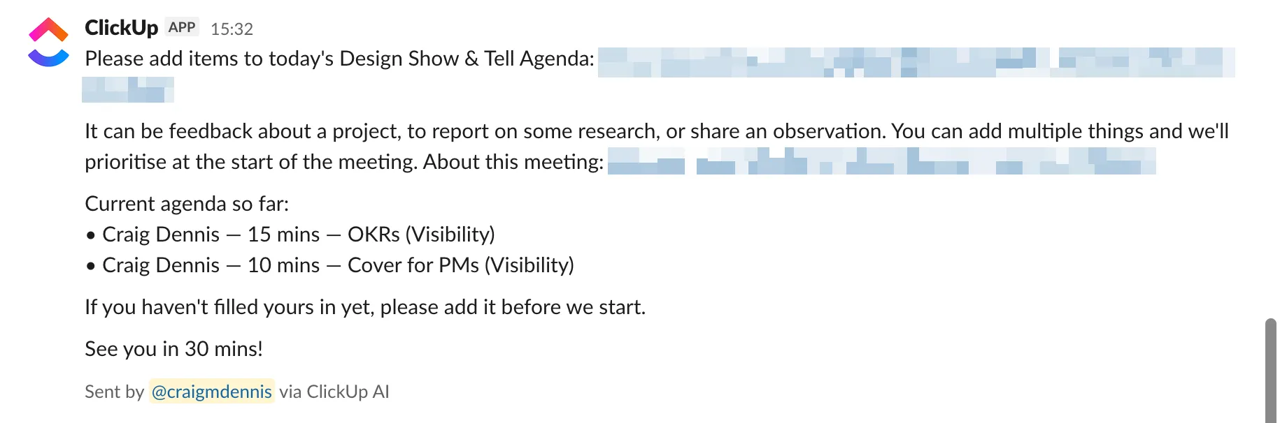 An automated Slack workflow that posts the Design Show and Tell agenda before the meeting: time-boxed items with a direct ClickUp link